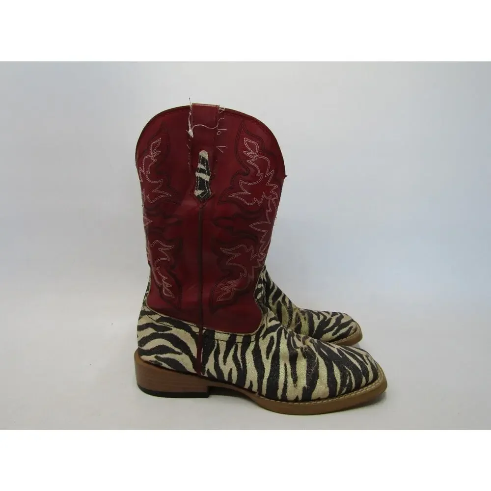 Roper Brand Youth Size 2 M Red Zebra Print Cowboy Western Boots